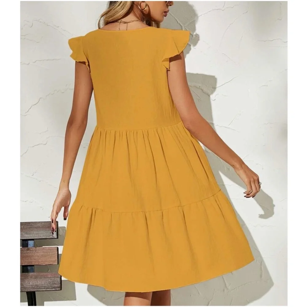 Boho Ruffle Sleeve Smock V neck Mini Dress - Picture 2 of 4